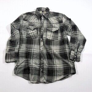 Vintage Western Trails Gray Plaid Flannel Button Up Long Sleeve Cotton Shirt M
